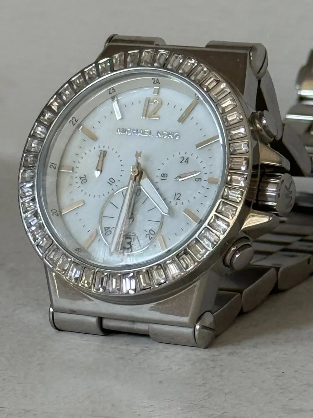 Michael Kors MK5411 Dylan Crystal Bezel Mother of Pearl Silver Chronograph Watch